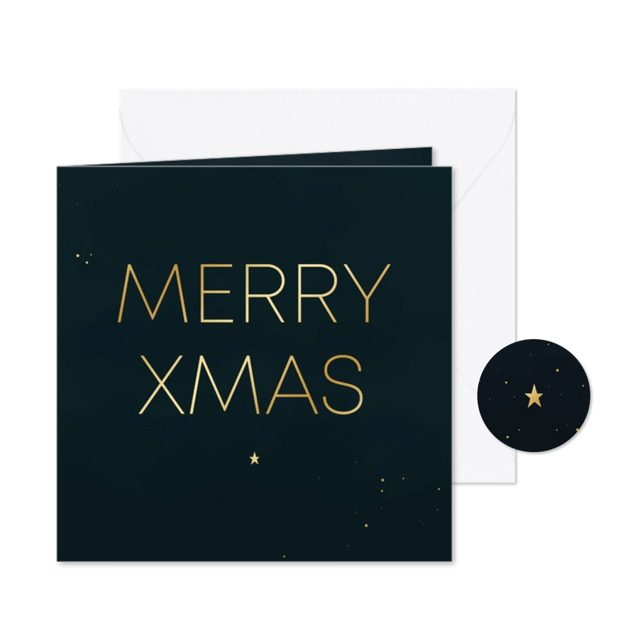 Kerstkaartje minimalistisch Merry Xmas goud donkerblauw - Kaartimpressie