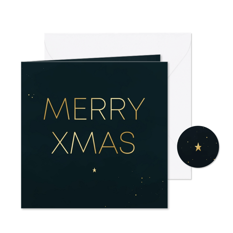 Kerstkaartje minimalistisch Merry Xmas goud donkerblauw - Kaartimpressie
