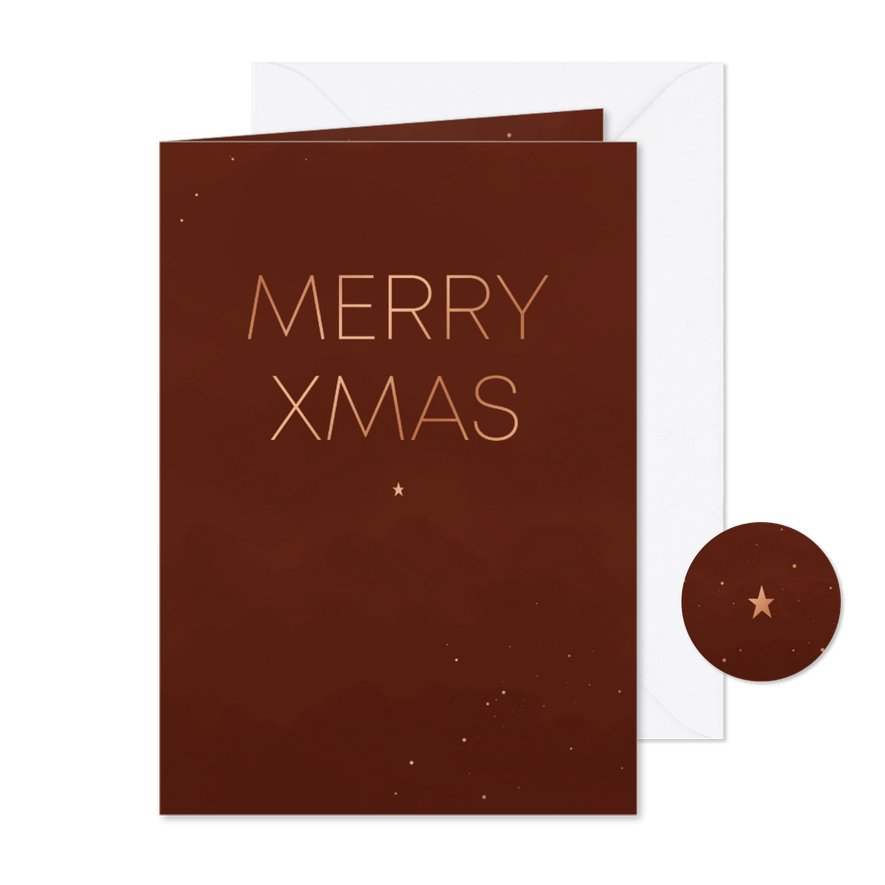 Kerstkaartje minimalistisch Merry Xmas koper en roest - Kaartimpressie