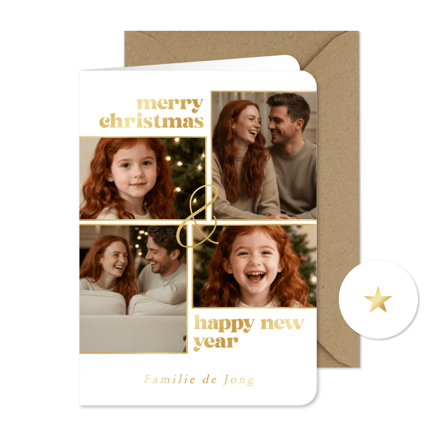 Kerstkaartje minimalistisch met fotocollage wit en goud  - Kaartimpressie