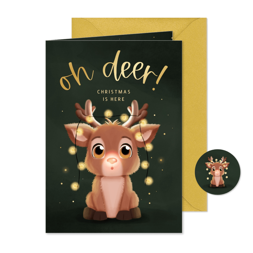Kerstkaartje oh deer christmas is here rendier lampjes - Kaartimpressie