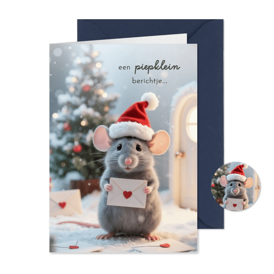 Kerstkaartje piepklein berichtje muisje kerstmuts - Kaartimpressie
