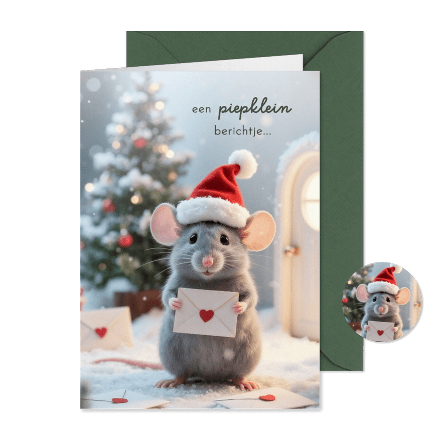 Kerstkaartje piepklein berichtje muisje kerstmuts - Kaartimpressie