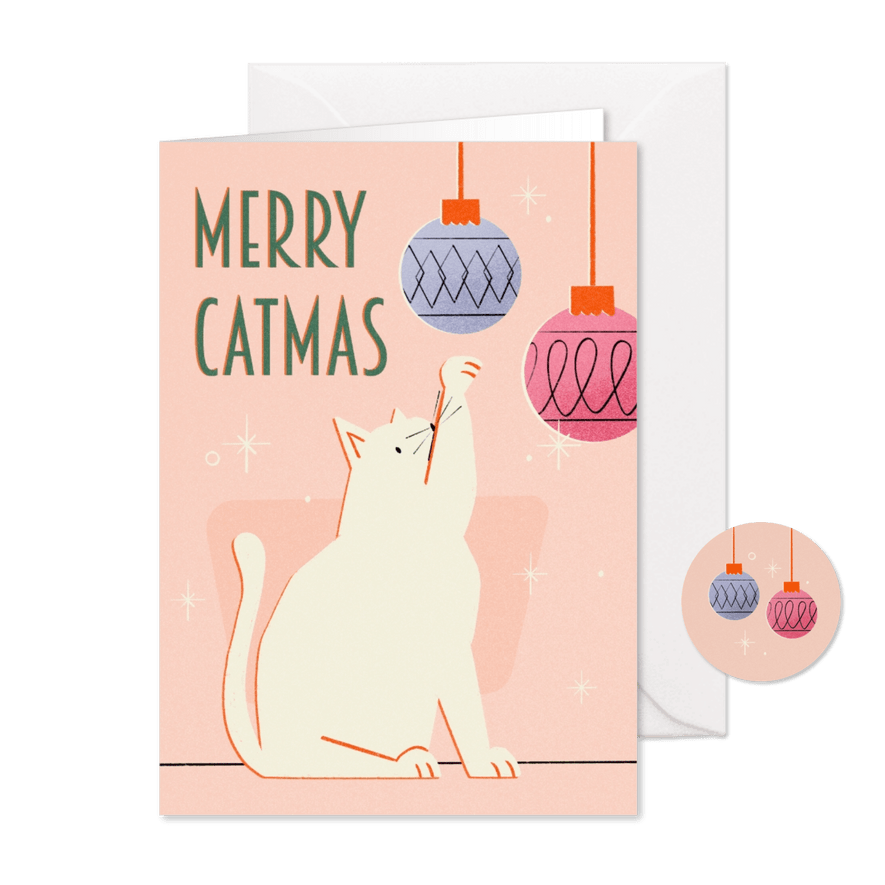 Kerstkaartje retro met kat en kerstballen merry catmas - Kaartimpressie