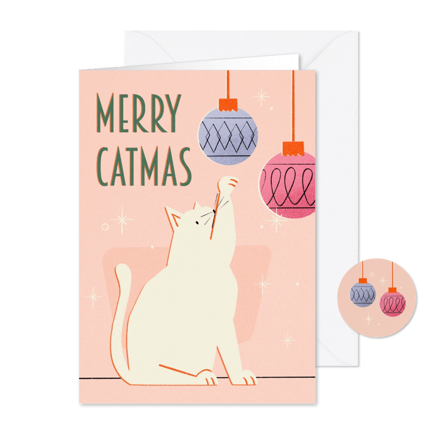 Kerstkaartje retro met kat en kerstballen merry catmas - Kaartimpressie