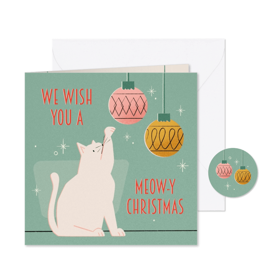 Kerstkaartje retro met kat we wish you a meowy christmas - Kaartimpressie