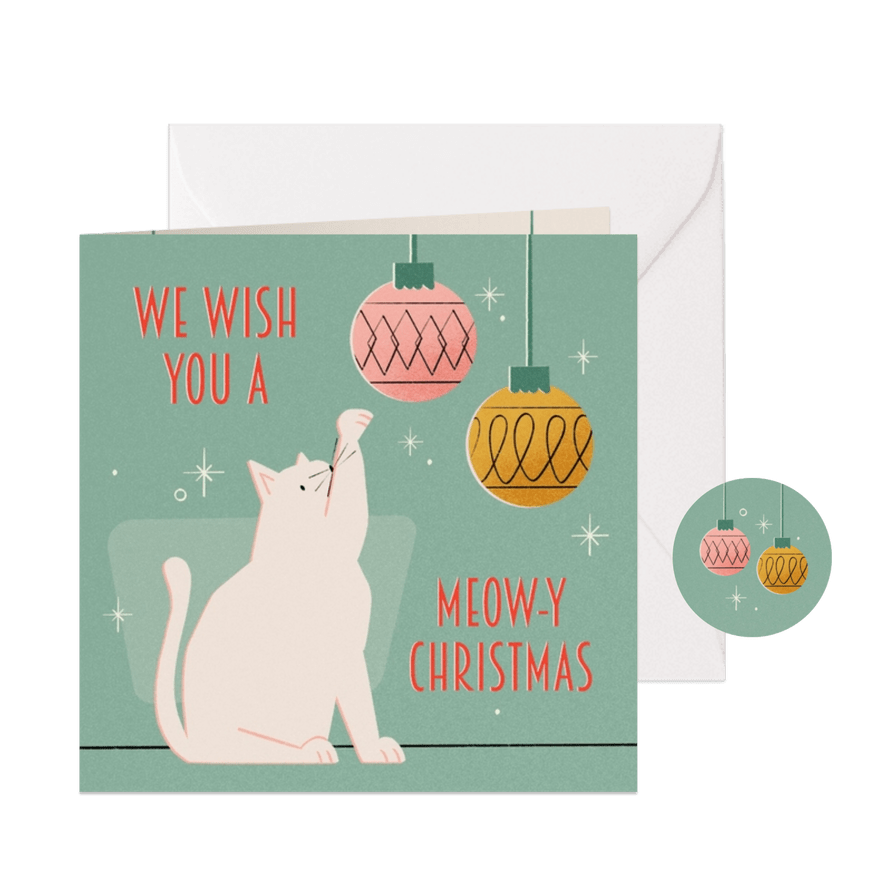 Kerstkaartje retro met kat we wish you a meowy christmas - Kaartimpressie