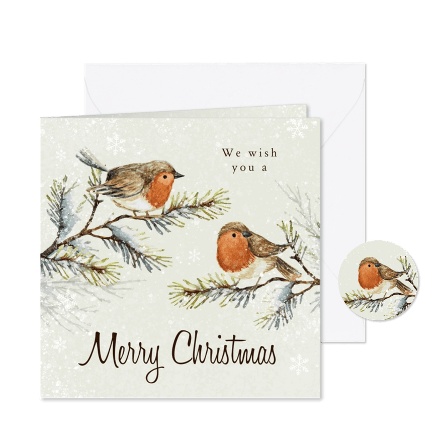 Kerstkaartje roodborstjes sneeuw dennentakjes geschilderd - Kaartimpressie