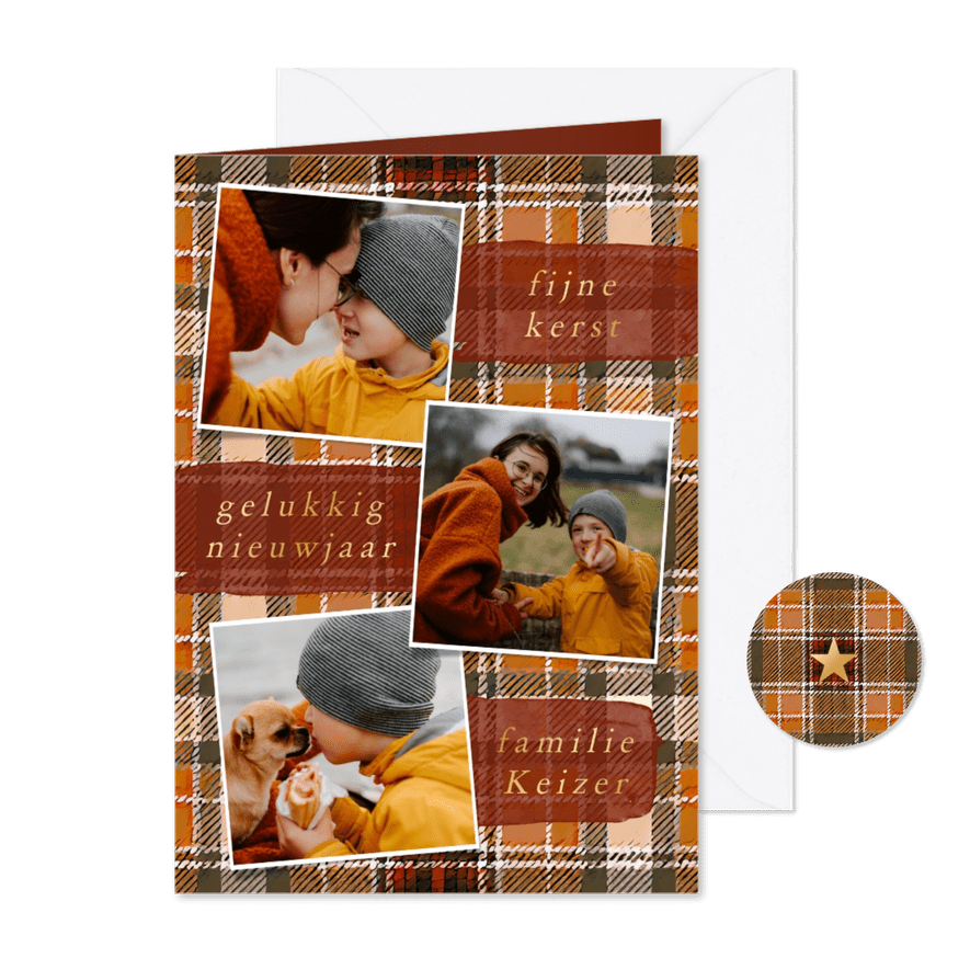 Kerstkaartje ruitjespatroon met fotocollage - Kaartimpressie