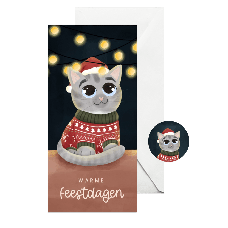 Kerstkaartje schattige kat met kersttrui en lampjes - Kaartimpressie