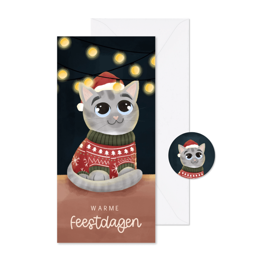 Kerstkaartje schattige kat met kersttrui en lampjes - Kaartimpressie