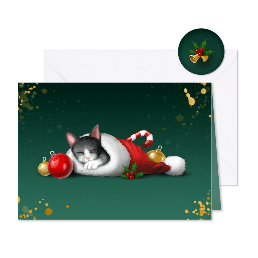 Kerstkaartje slapend katje in kerstmuts - Kaartimpressie