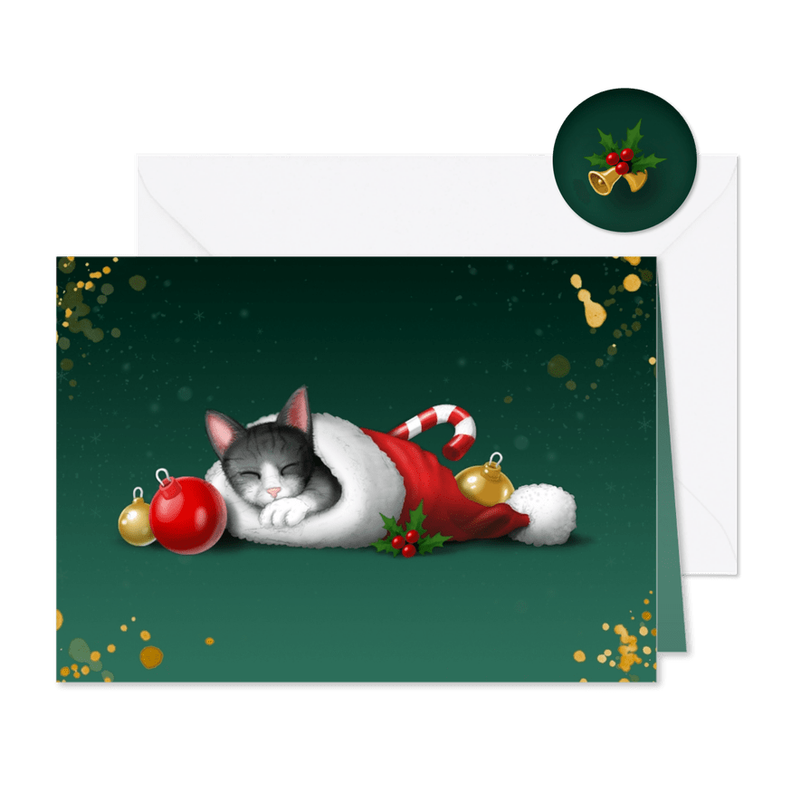 Kerstkaartje slapend katje in kerstmuts - Kaartimpressie