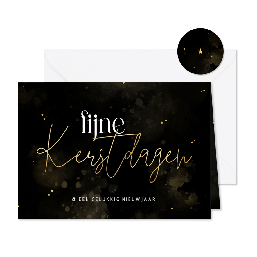 Kerstkaartje stijlvol zwart met goudlook en waterverf - Kaartimpressie