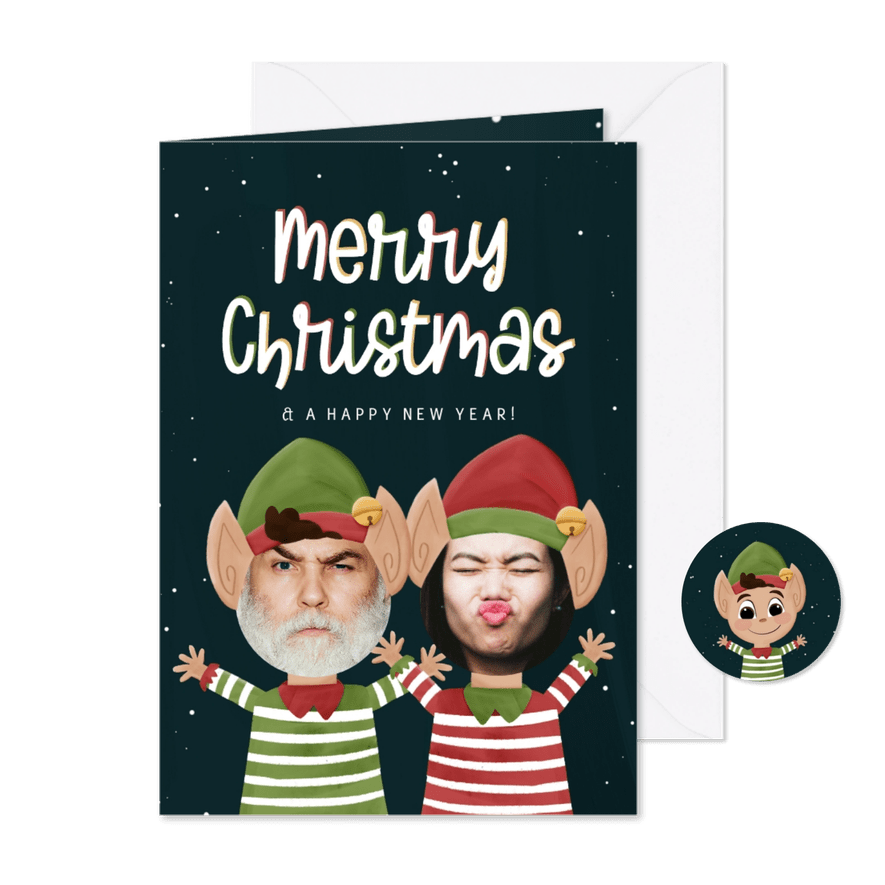 Kerstkaartje twee kerstelfjes met eigen gezichten - Kaartimpressie