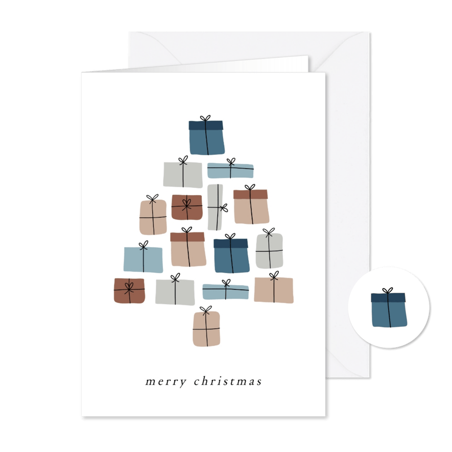Kerstkaartje van cadeautjes gemaakte kerstboom blauwtinten - Kaartimpressie