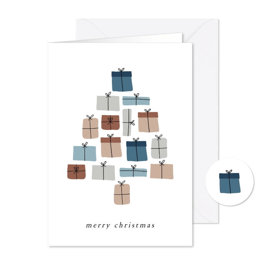 Kerstkaartje van cadeautjes gemaakte kerstboom blauwtinten - Kaartimpressie