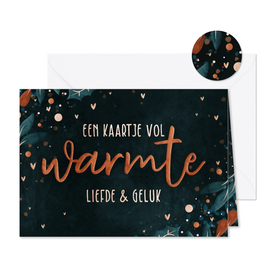 Kerstkaartje vol warmte met hartjes takjes en besjes - Kaartimpressie