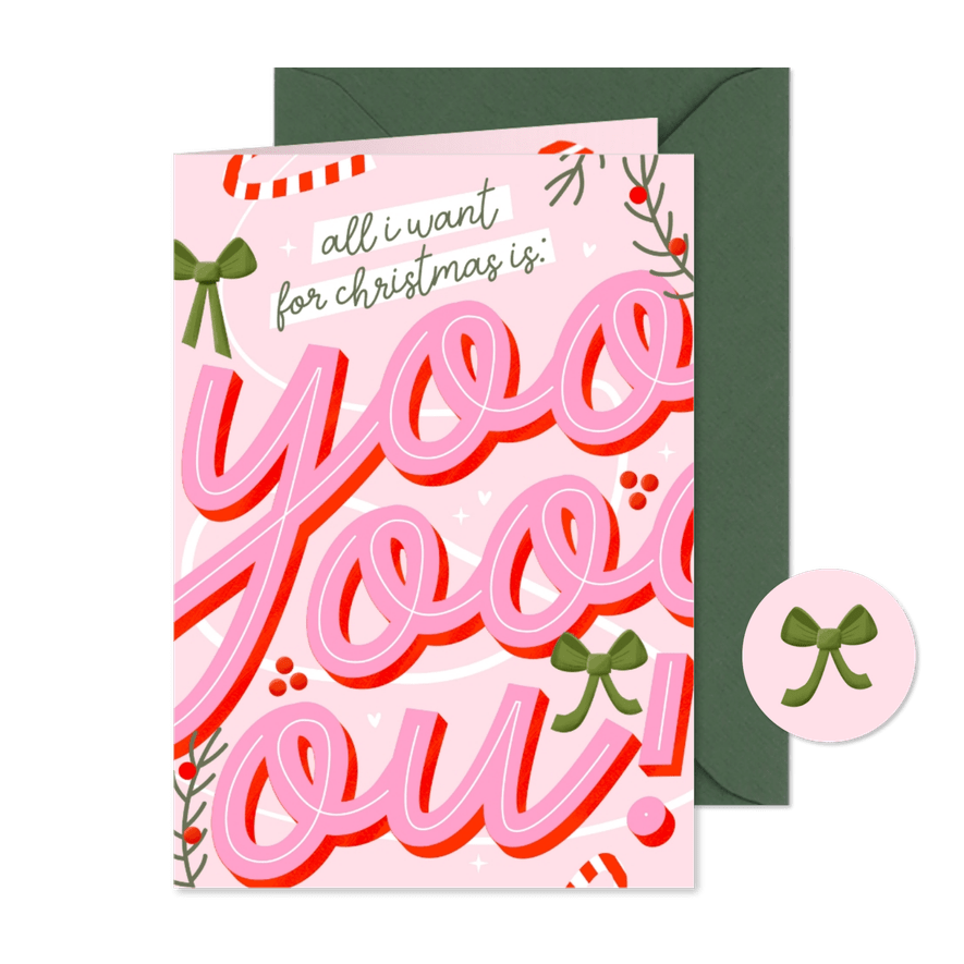 Kerstkaartje vrolijk all i want for christmas is you  - Kaartimpressie