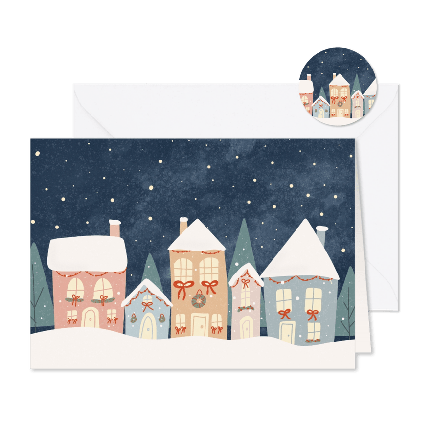 Kerstkaartje zonder tekst met huisjes in de nacht - Kaartimpressie