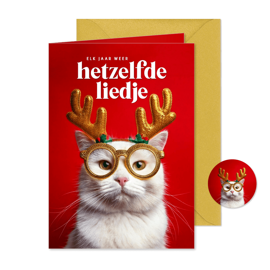 Kerstkaartjes met humor boze kat met gewei hetzelfde liedje - Kaartimpressie