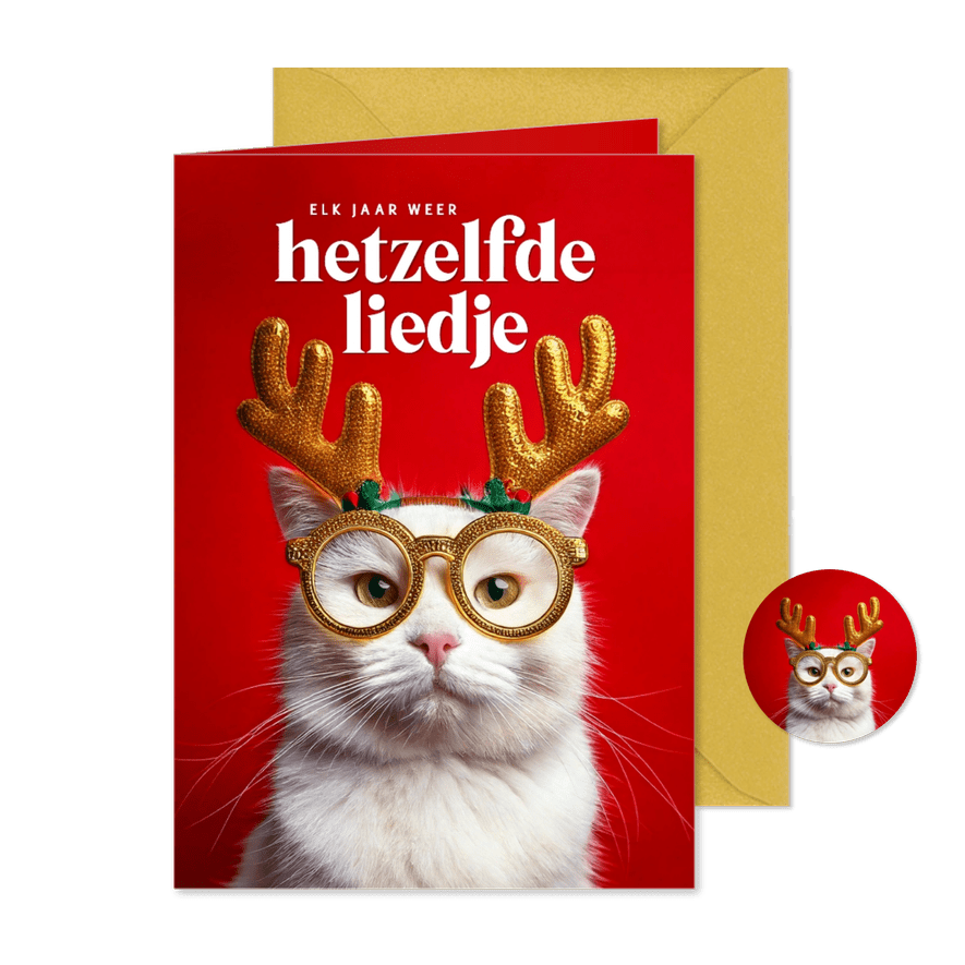 Kerstkaartjes met humor boze kat met gewei hetzelfde liedje - Kaartimpressie