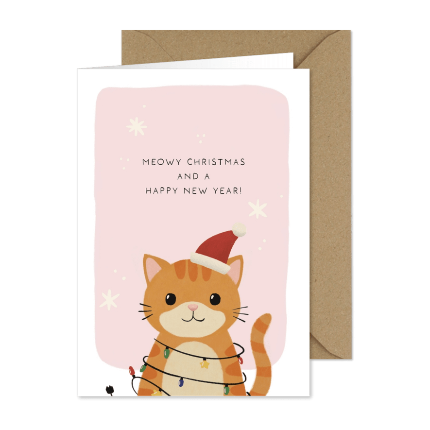 Kerstkat met lichtjes kerstkaart - Kaartimpressie