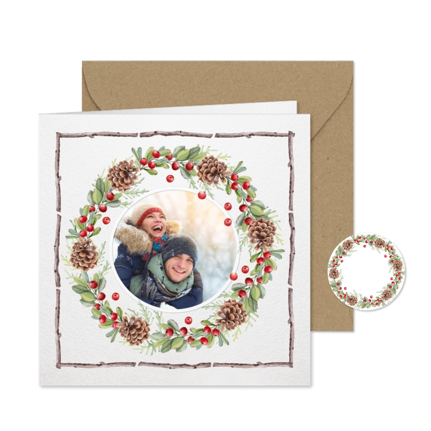 Kerstkrans met houten kader voor eigen foto - Kaartimpressie
