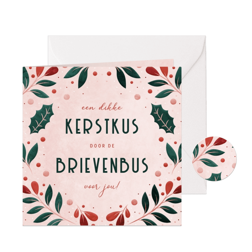 Kerstkus door de brievenbus met vrolijke blaadjes - Kaartimpressie