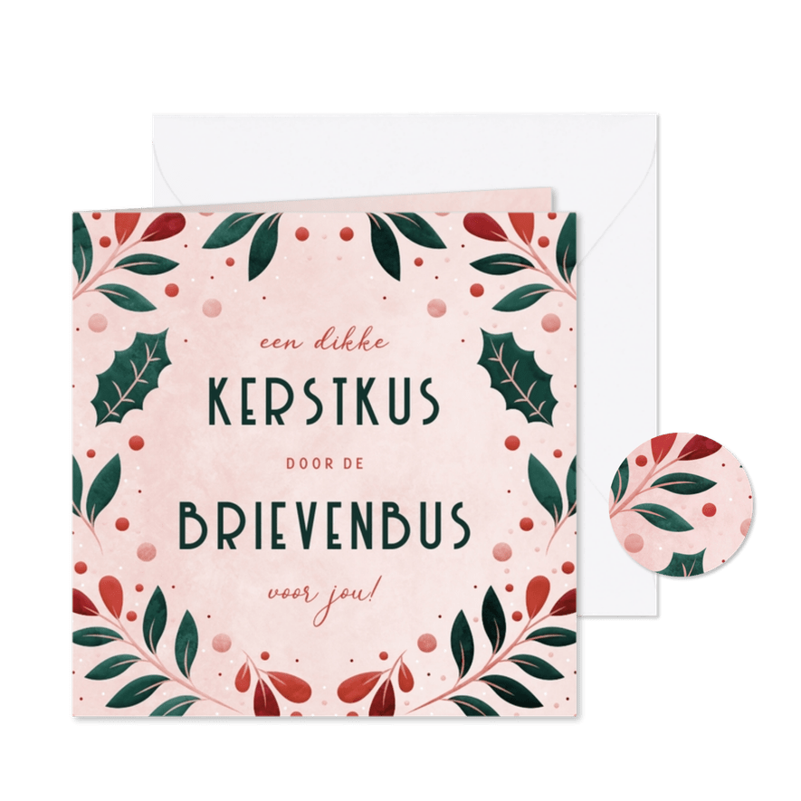 Kerstkus door de brievenbus met vrolijke blaadjes - Kaartimpressie