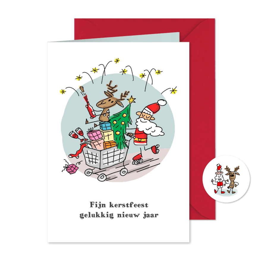 Kerstman met rendier en kerstboom in een winkelwagen - Kaartimpressie