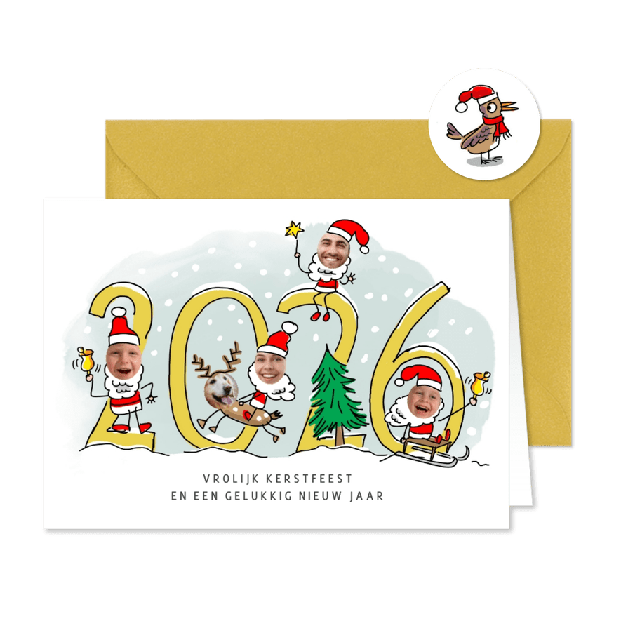 Kerstmannetjes fotokaart voor 5 personen met jaartal - Kaartimpressie