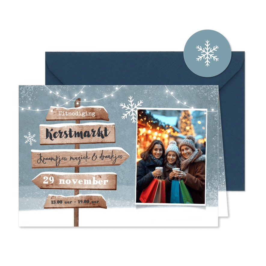 Kerstmarkt uitnodiging hout wegwijzers winter foto sneeuw - Kaartimpressie