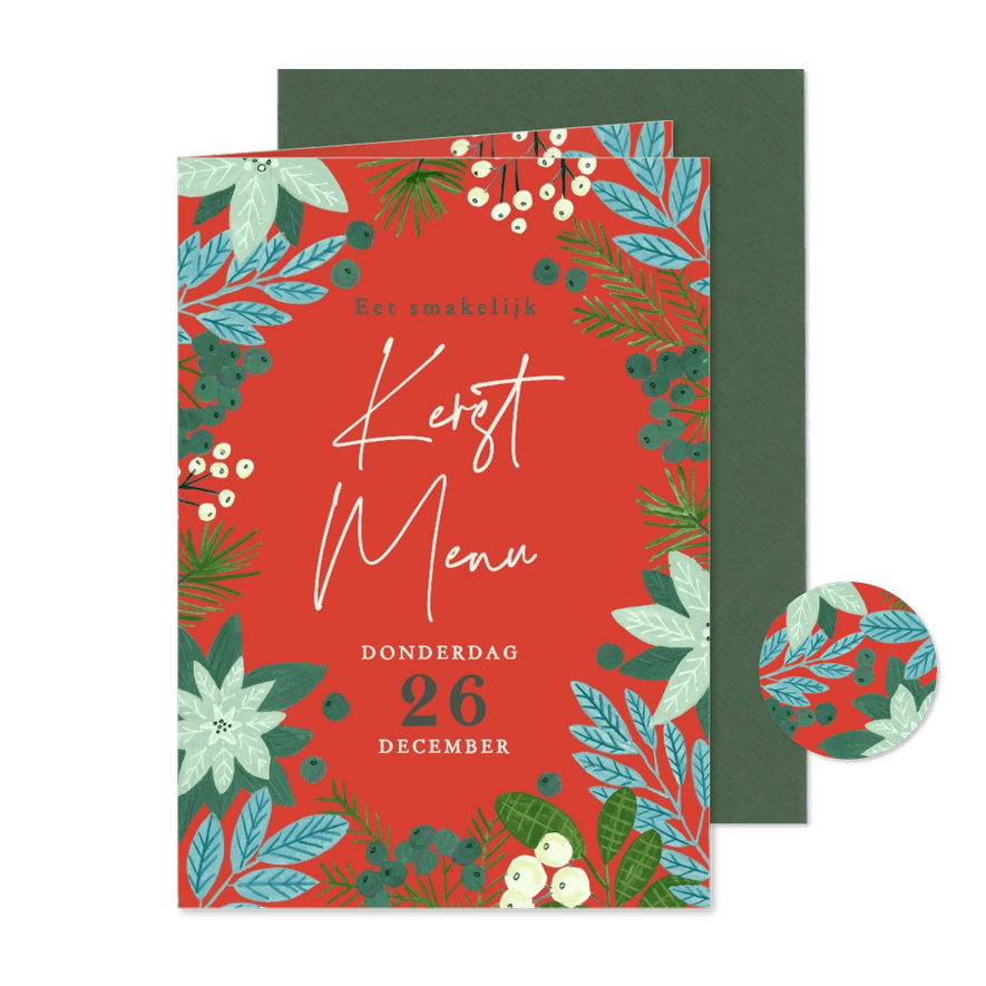  Kerstmenu botanisch bloemen poinsettia - Kaartimpressie