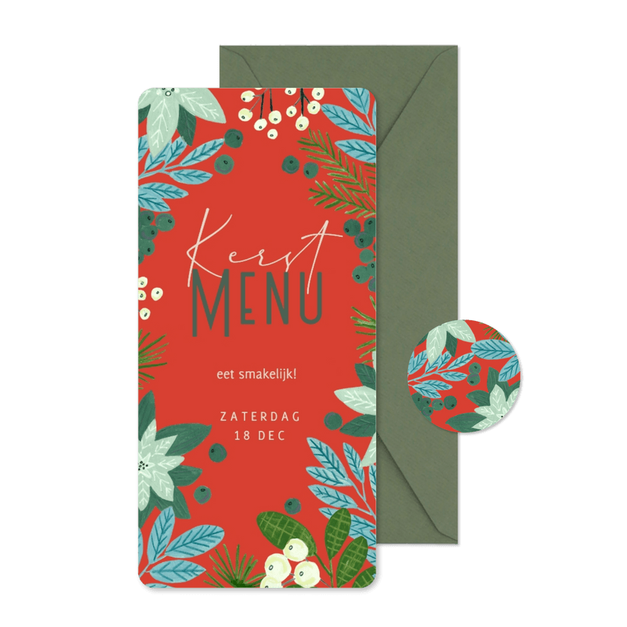 Kerstmenu botanisch bloemen rood - Kaartimpressie