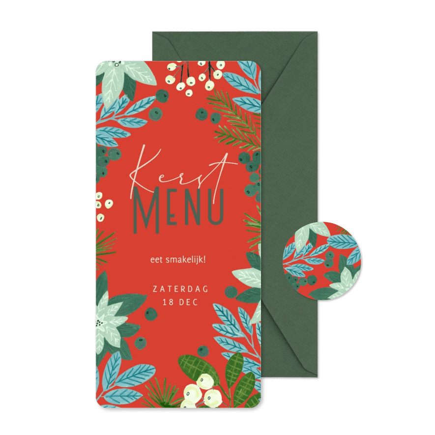 Kerstmenu botanisch bloemen rood - Kaartimpressie