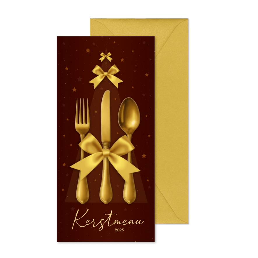 Kerstmenu goudlook strik bestek - Kaartimpressie