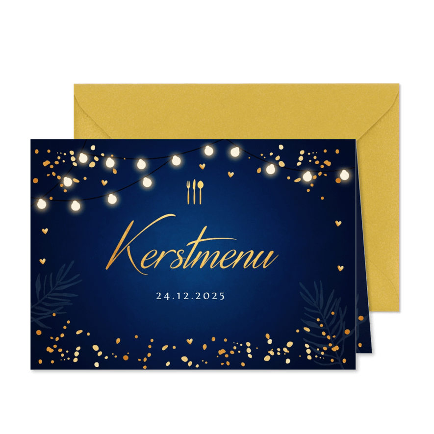 Kerstmenu kaart blauw lampjes goudlook - Kaartimpressie