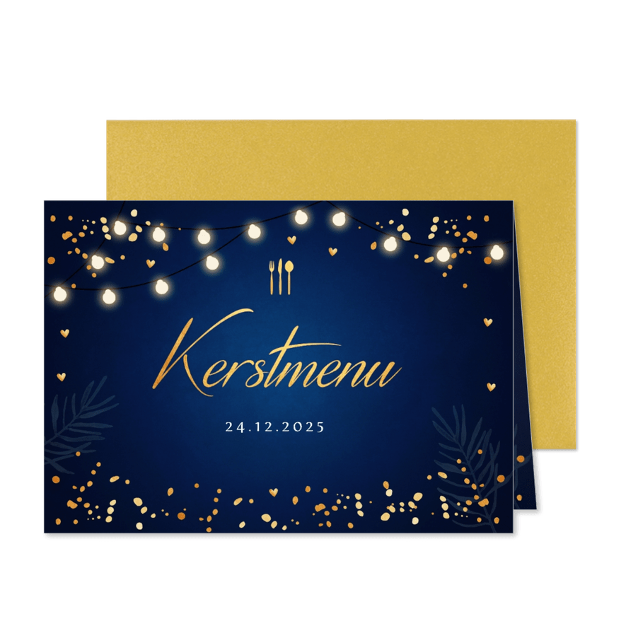 Kerstmenu kaart blauw lampjes goudlook - Kaartimpressie
