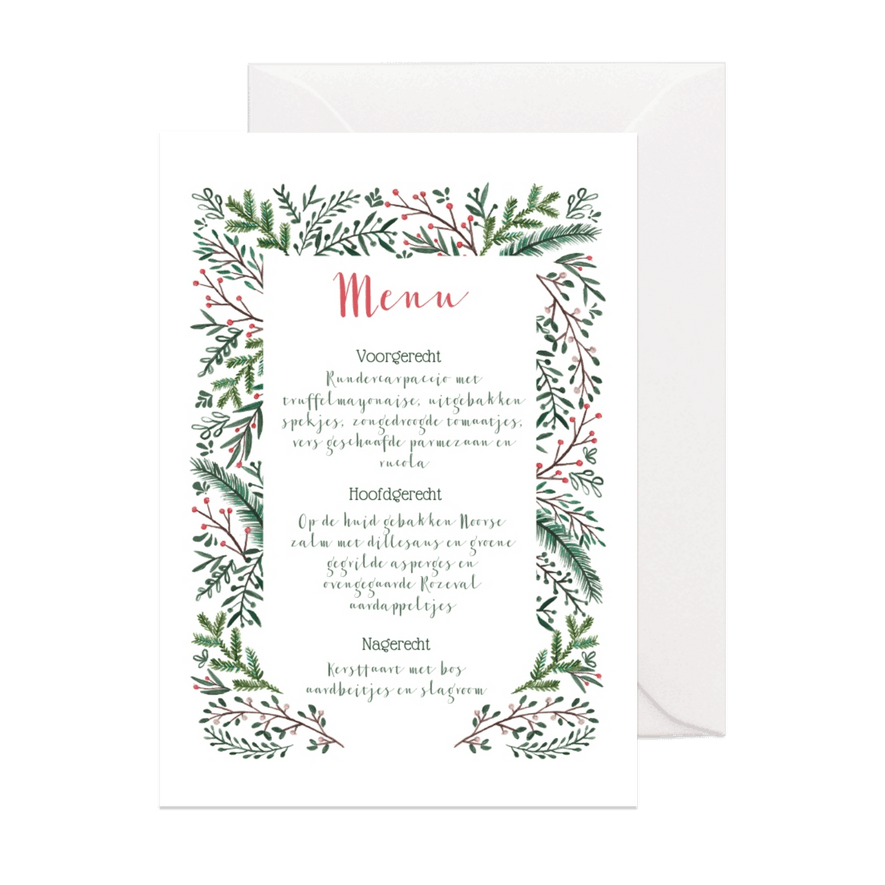 Kerstmenu kaart dennetakjes elegant - Kaartimpressie