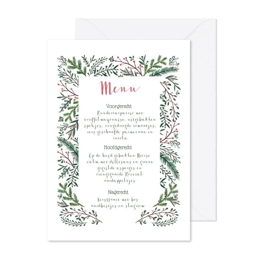 Kerstmenu kaart dennetakjes elegant - Kaartimpressie