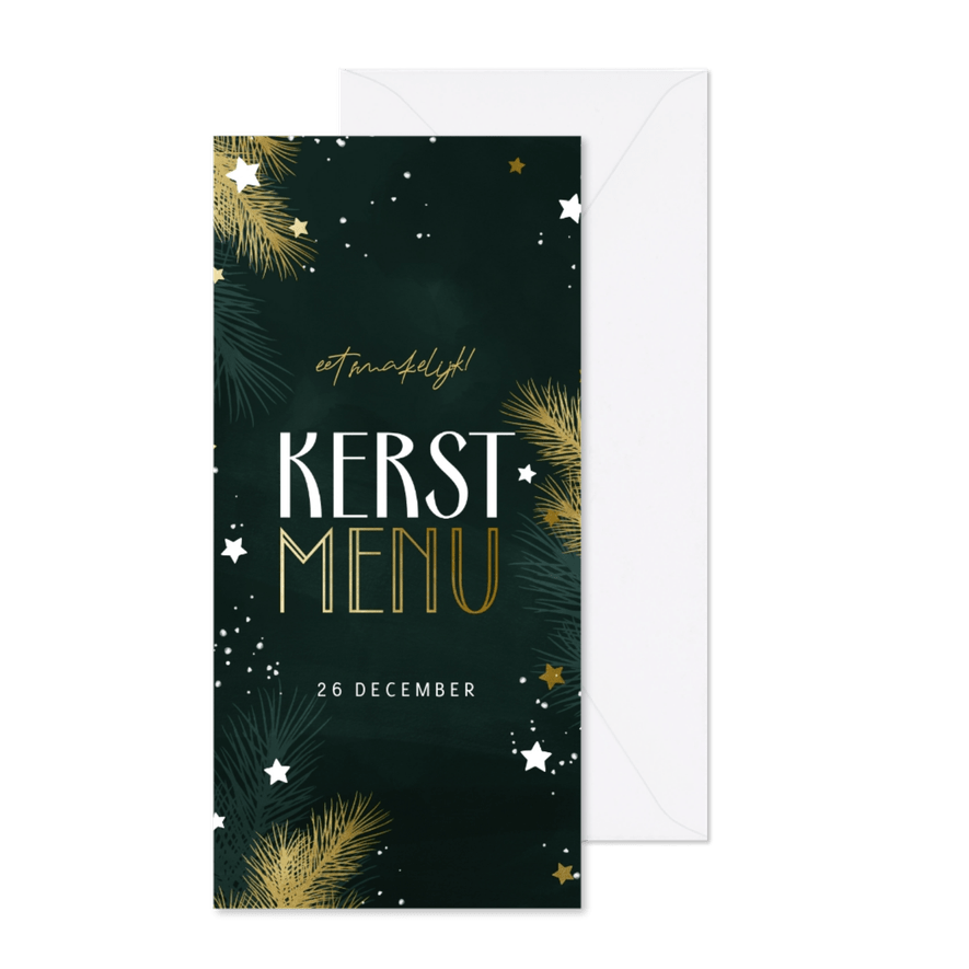 Kerstmenu met kersttakjes en gouden sterren - Kaartimpressie