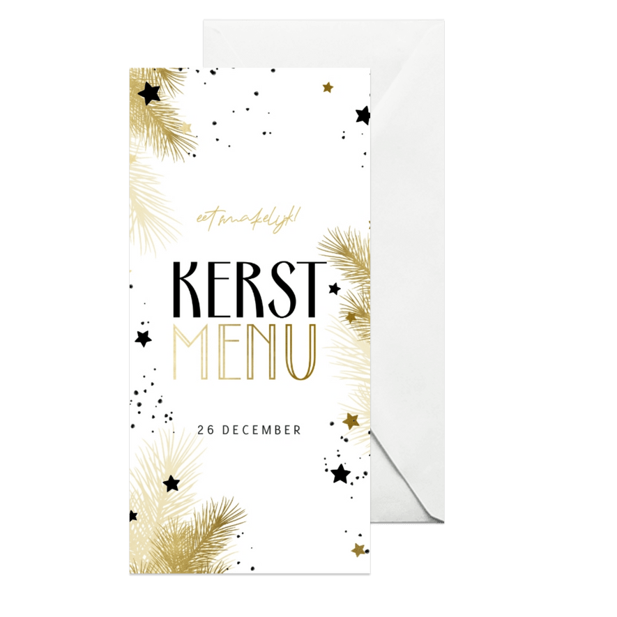 Kerstmenu zwart-wit met kersttakjes en gouden sterren - Kaartimpressie