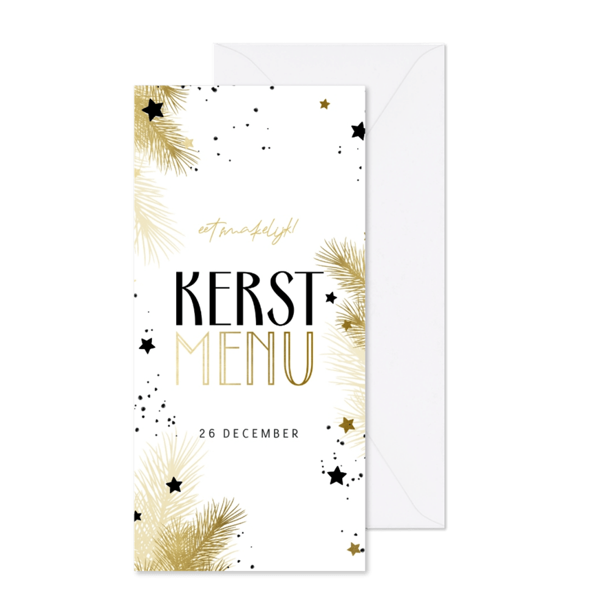 Kerstmenu zwart-wit met kersttakjes en gouden sterren - Kaartimpressie