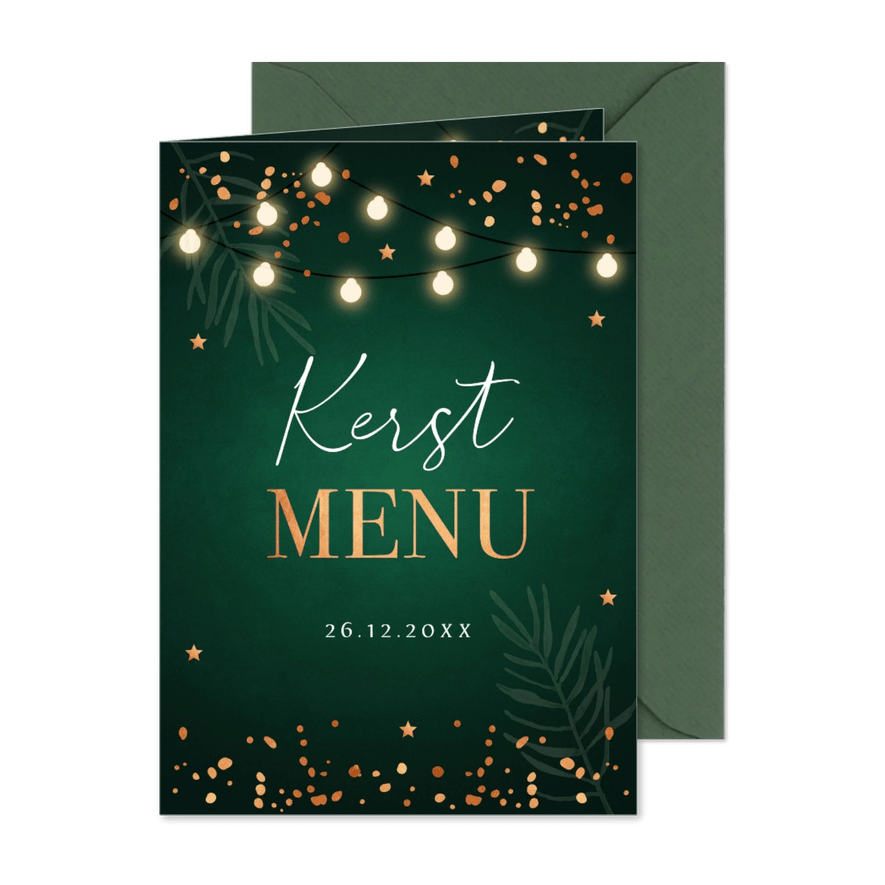 Kerstmenukaart groen lampjes koperlook sterren - Kaartimpressie