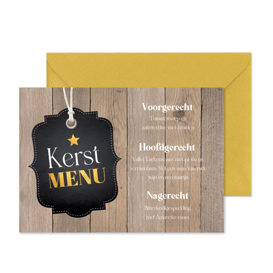 Kerstmenukaart hout bruin goudlook en label zwart - Kaartimpressie