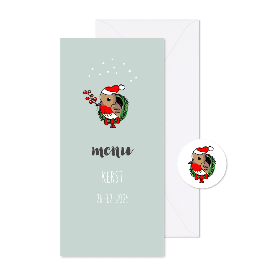 Kerstmenukaart met roodborstje in een kerstkrans - Kaartimpressie