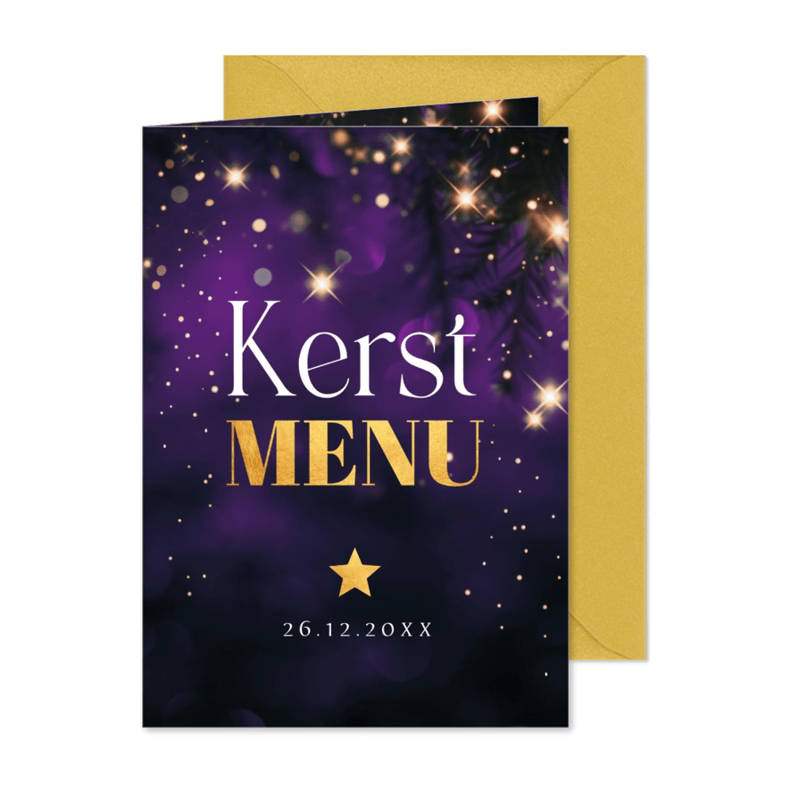 Kerstmenukaart paars lichtjes sterren goudlook - Kaartimpressie