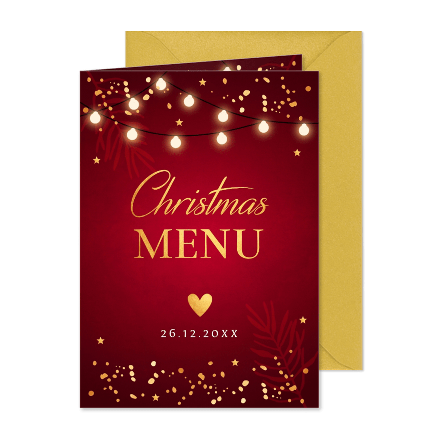 Kerstmenukaart rood lampjes goudlook rechthoekig - Kaartimpressie