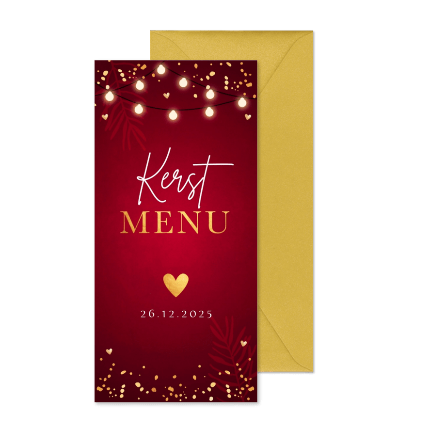 Kerstmenukaart rood langwerpig goudlook lampjes hartje - Kaartimpressie